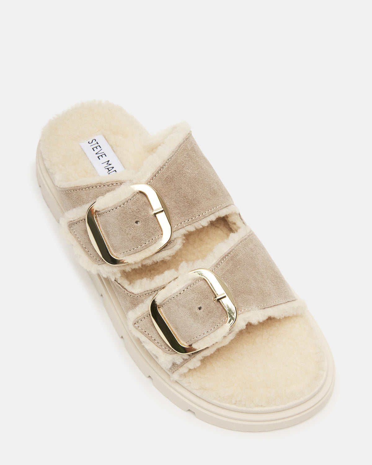 SNUGGLE Sand Suede Faux Fur Slide | Women's Flats | Steve Madden Premium
