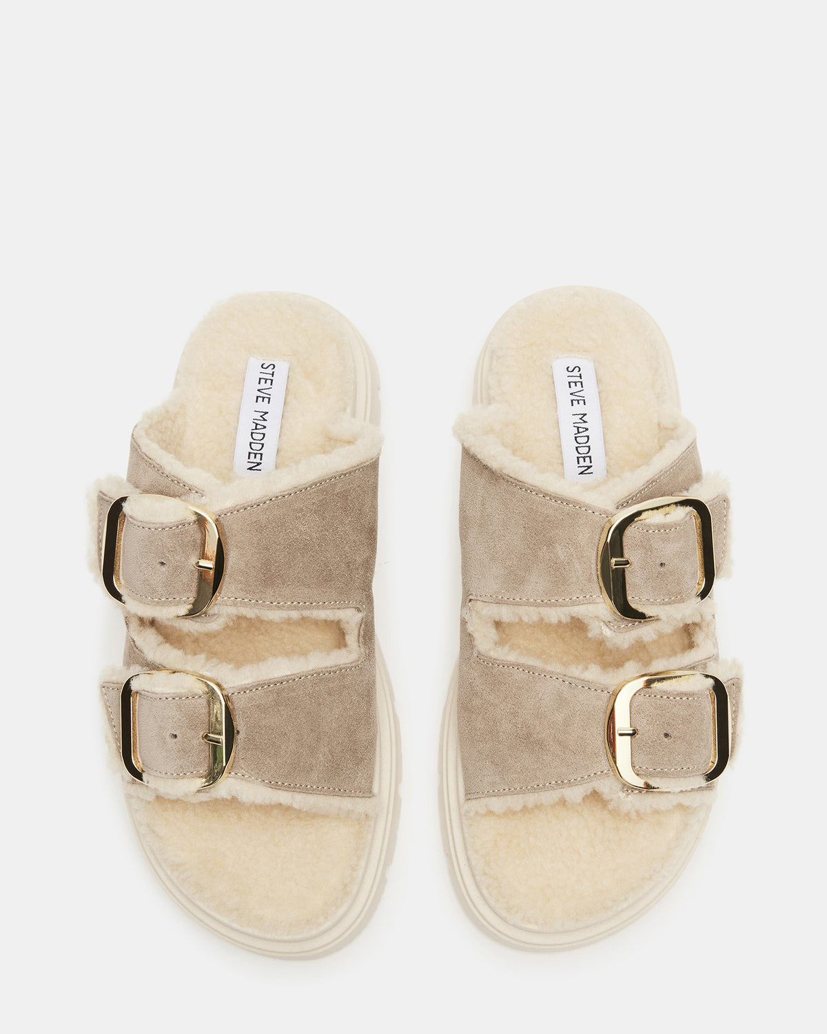SNUGGLE Sand Suede Faux Fur Slide | Women's Flats | Steve Madden Premium
