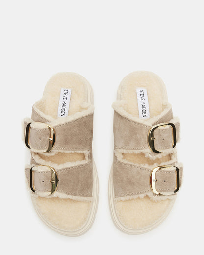 SNUGGLE Sand Suede Faux Fur Slide | Women's Flats | Steve Madden Premium