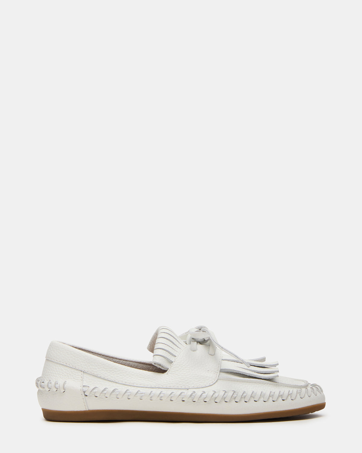SAMUAL White Leather Fringe Boat Women's Loafer | Steve Madden Smart Buy