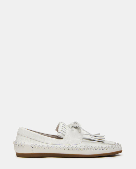 SAMUAL White Leather Fringe Boat Women's Loafer | Steve Madden Smart Buy