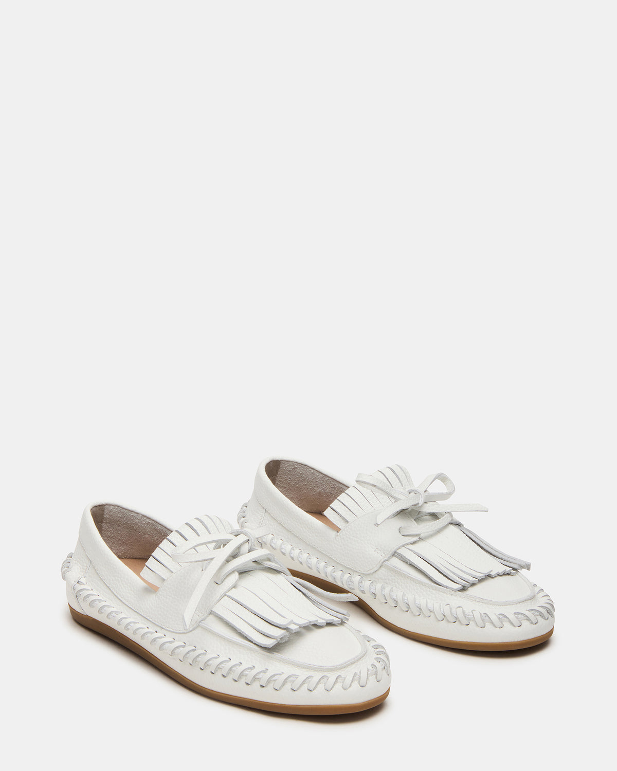 SAMUAL White Leather Fringe Boat Women's Loafer | Steve Madden Smart Buy