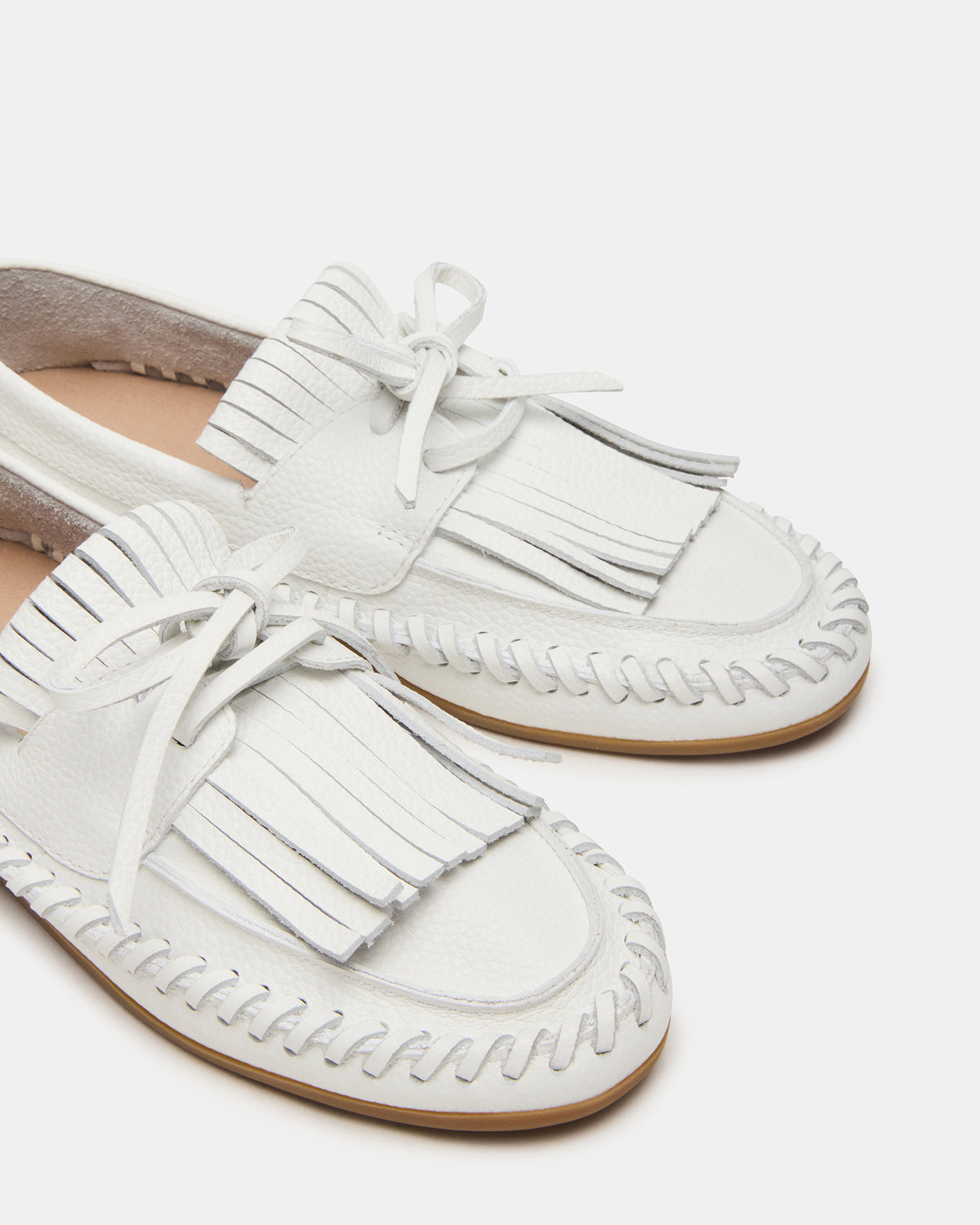 SAMUAL White Leather Fringe Boat Women's Loafer | Steve Madden Smart Buy