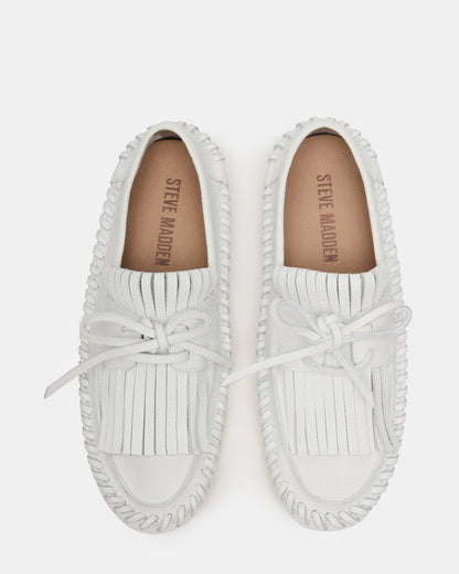 SAMUAL White Leather Fringe Boat Women's Loafer | Steve Madden Smart Buy