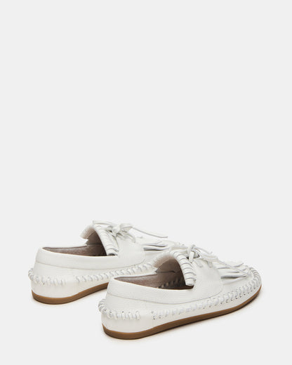 SAMUAL White Leather Fringe Boat Women's Loafer | Steve Madden Smart Buy