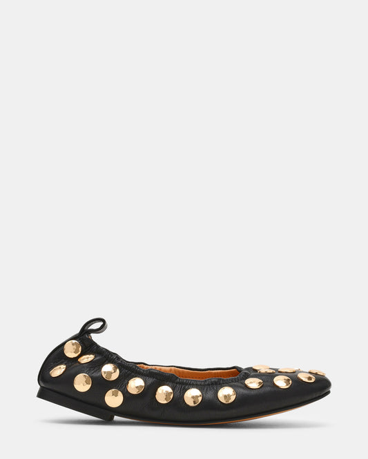LANTA Black Leather Studded Gold-Detail Round-Toe Women's Flat | Steve Madden Best Seller