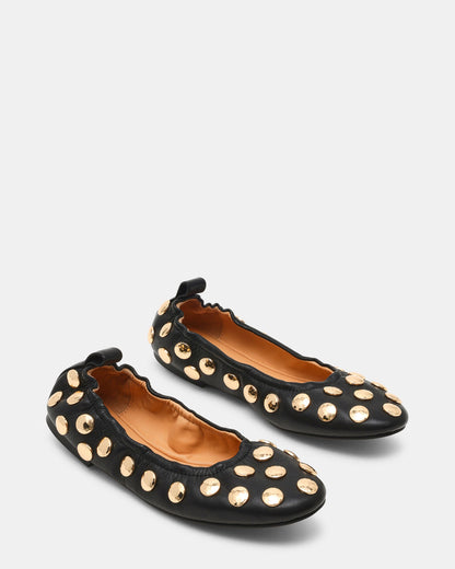 LANTA Black Leather Studded Gold-Detail Round-Toe Women's Flat | Steve Madden Best Seller