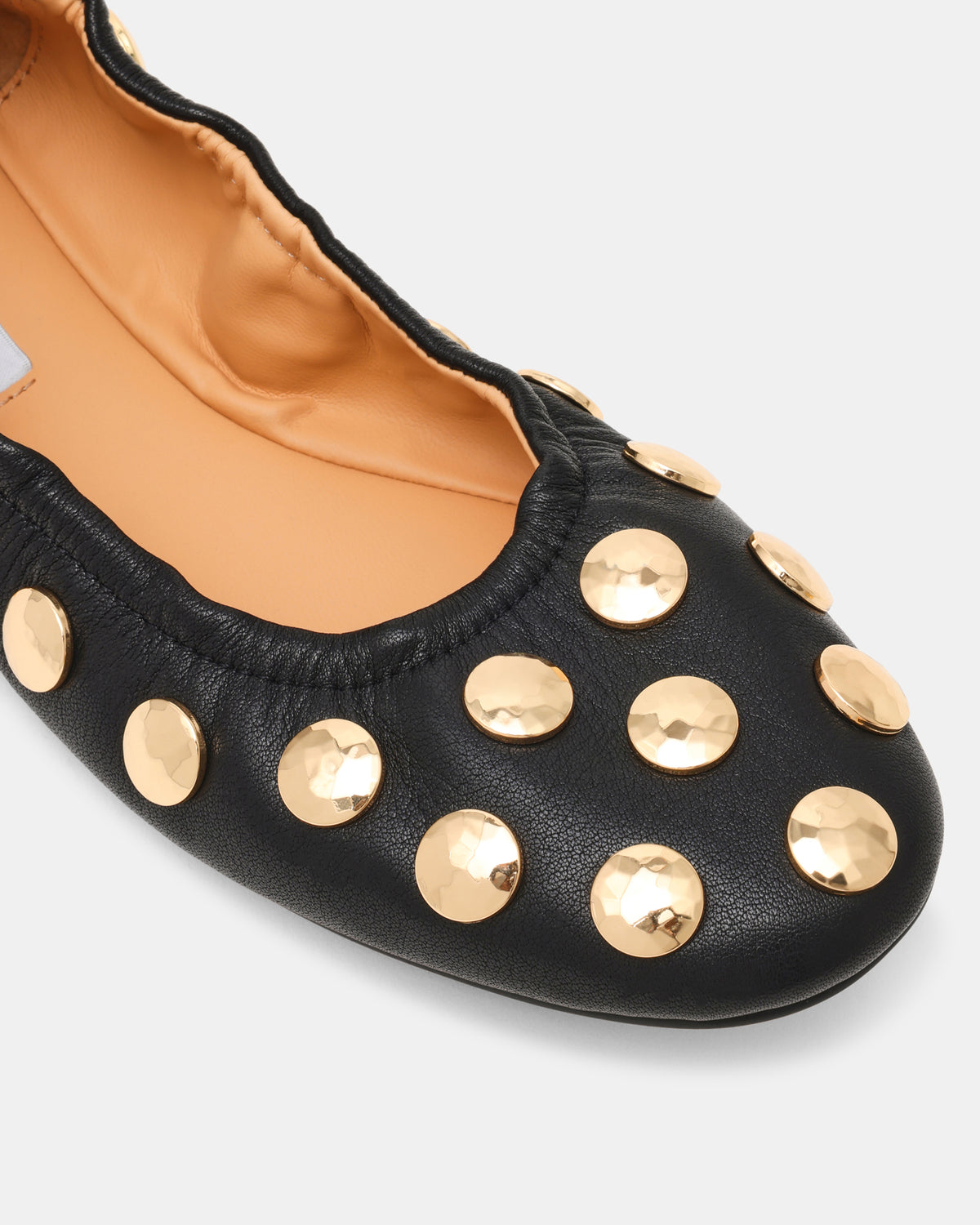 LANTA Black Leather Studded Gold-Detail Round-Toe Women's Flat | Steve Madden Best Seller