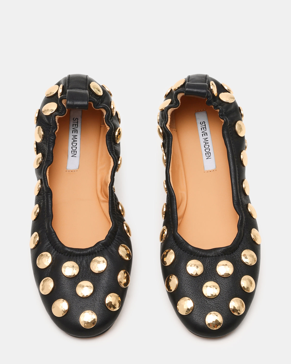 LANTA Black Leather Studded Gold-Detail Round-Toe Women's Flat | Steve Madden Best Seller