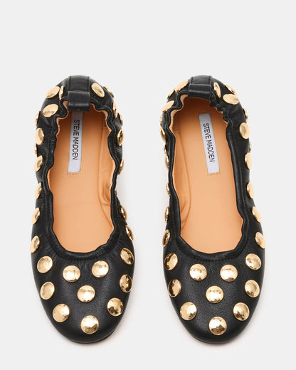 LANTA Black Leather Studded Gold-Detail Round-Toe Women's Flat | Steve Madden Best Seller