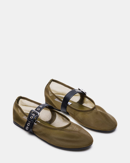 MITSY Olive/Black Mary Jane Mesh Ballet Women's Flat | Steve Madden Smart Buy