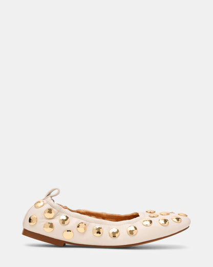 LANTA White Leather Studded Gold-Detail Round-Toe Women's Flat | Steve Madden Signature