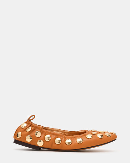 LANTA Tan Leather Studded Gold-Detail Round-Toe Women's Flat | Steve Madden Hot Sale