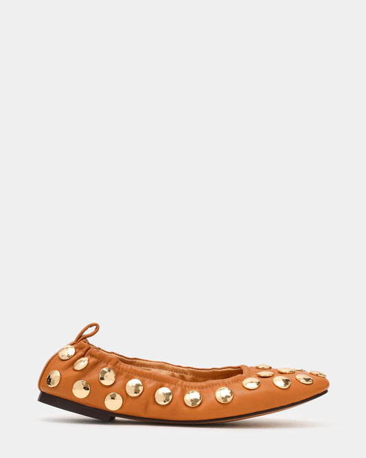 LANTA Tan Leather Studded Gold-Detail Round-Toe Women's Flat | Steve Madden Hot Sale