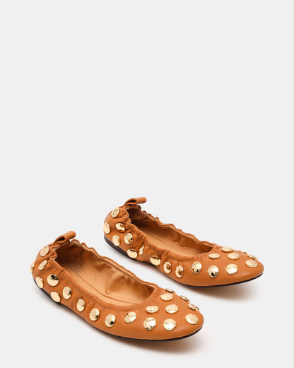 LANTA Tan Leather Studded Gold-Detail Round-Toe Women's Flat | Steve Madden Hot Sale