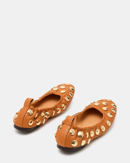 LANTA Tan Leather Studded Gold-Detail Round-Toe Women's Flat | Steve Madden Hot Sale