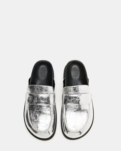 SKIPPER Silver Metallic Women's Slip-On Mule | Steve Madden Classic