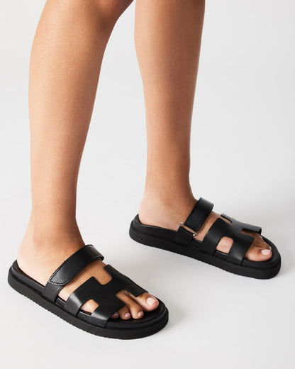 MAYVEN Black Leather Flatform Slide Women's Sandal | Steve Madden Special Offer