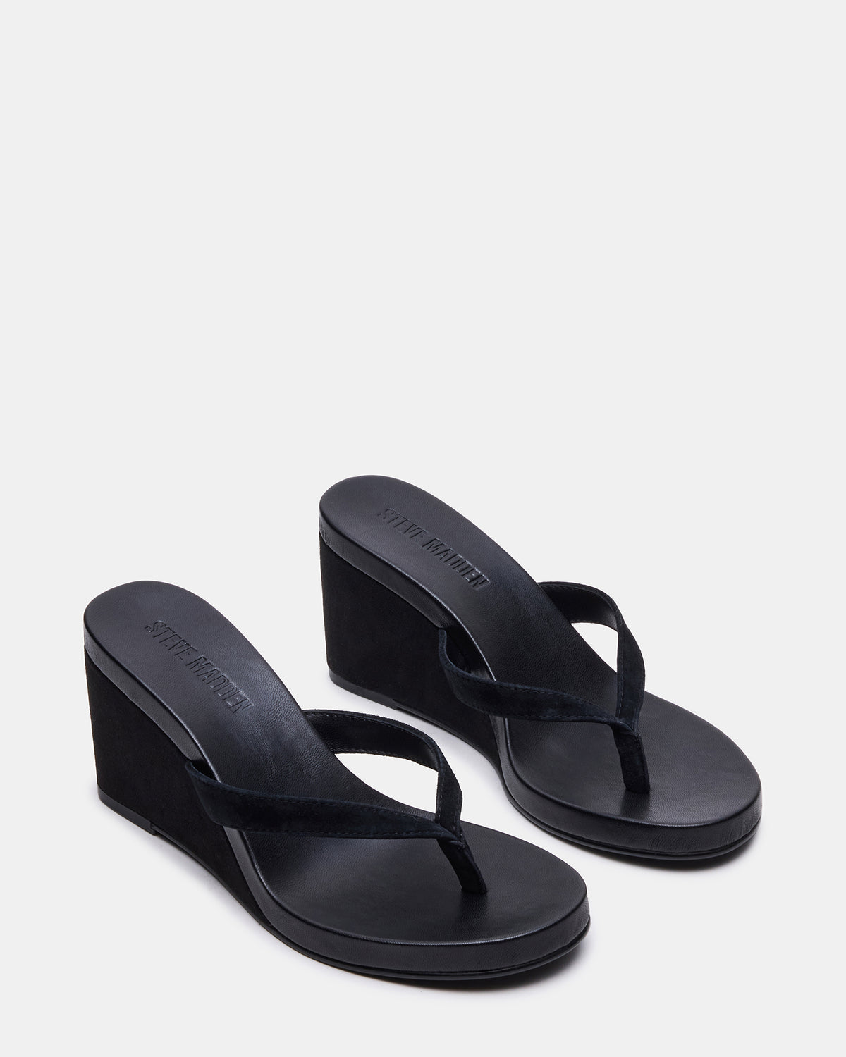 PLAYING Black Suede Thong Wedge Women's Sandal | Steve Madden Value