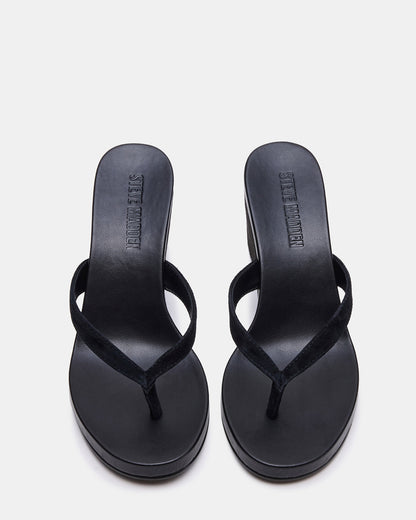 PLAYING Black Suede Thong Wedge Women's Sandal | Steve Madden Value