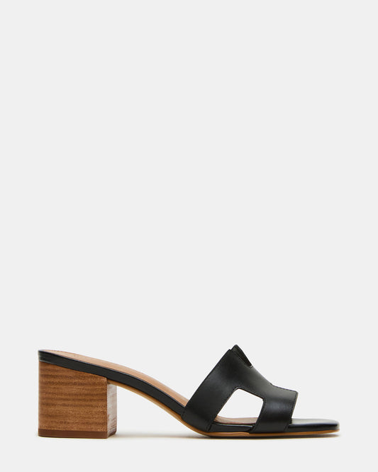 HANA Black Leather Square-Toe Mule Block Heel Women's Sandal | Steve Madden Best Price