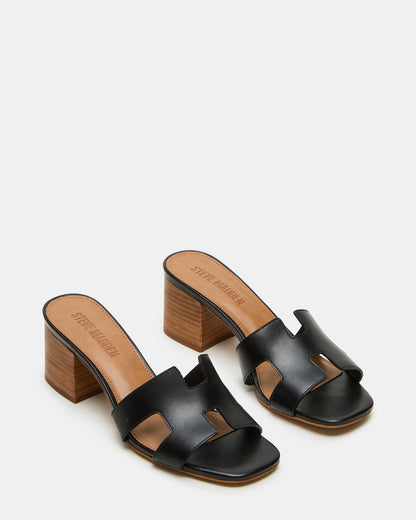 HANA Black Leather Square-Toe Mule Block Heel Women's Sandal | Steve Madden Best Price