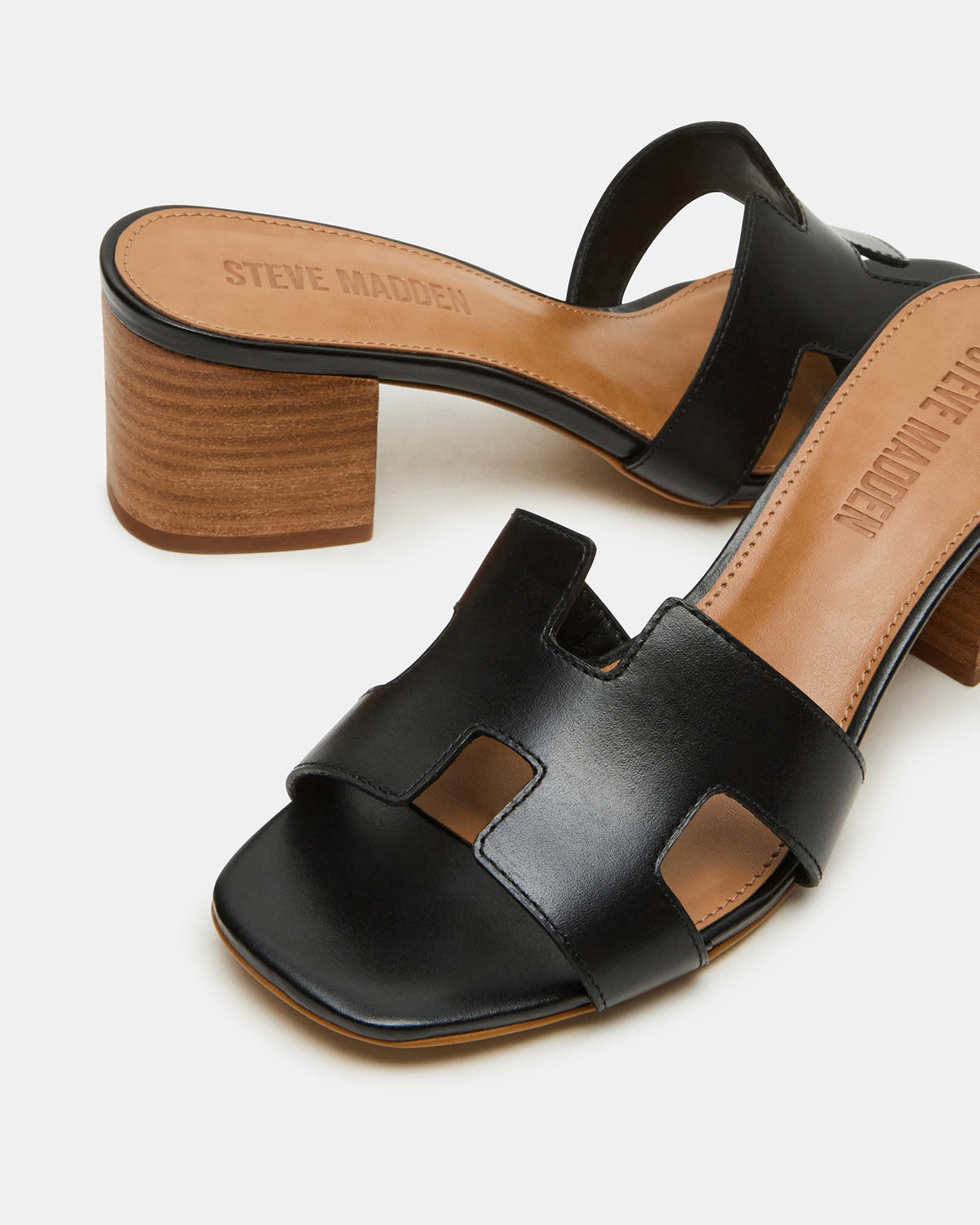 HANA Black Leather Square-Toe Mule Block Heel Women's Sandal | Steve Madden Best Price