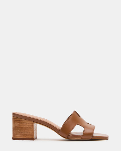 HANA Cognac Leather Square-Toe Mule Block Heel Women's Sandal | Steve Madden Essential