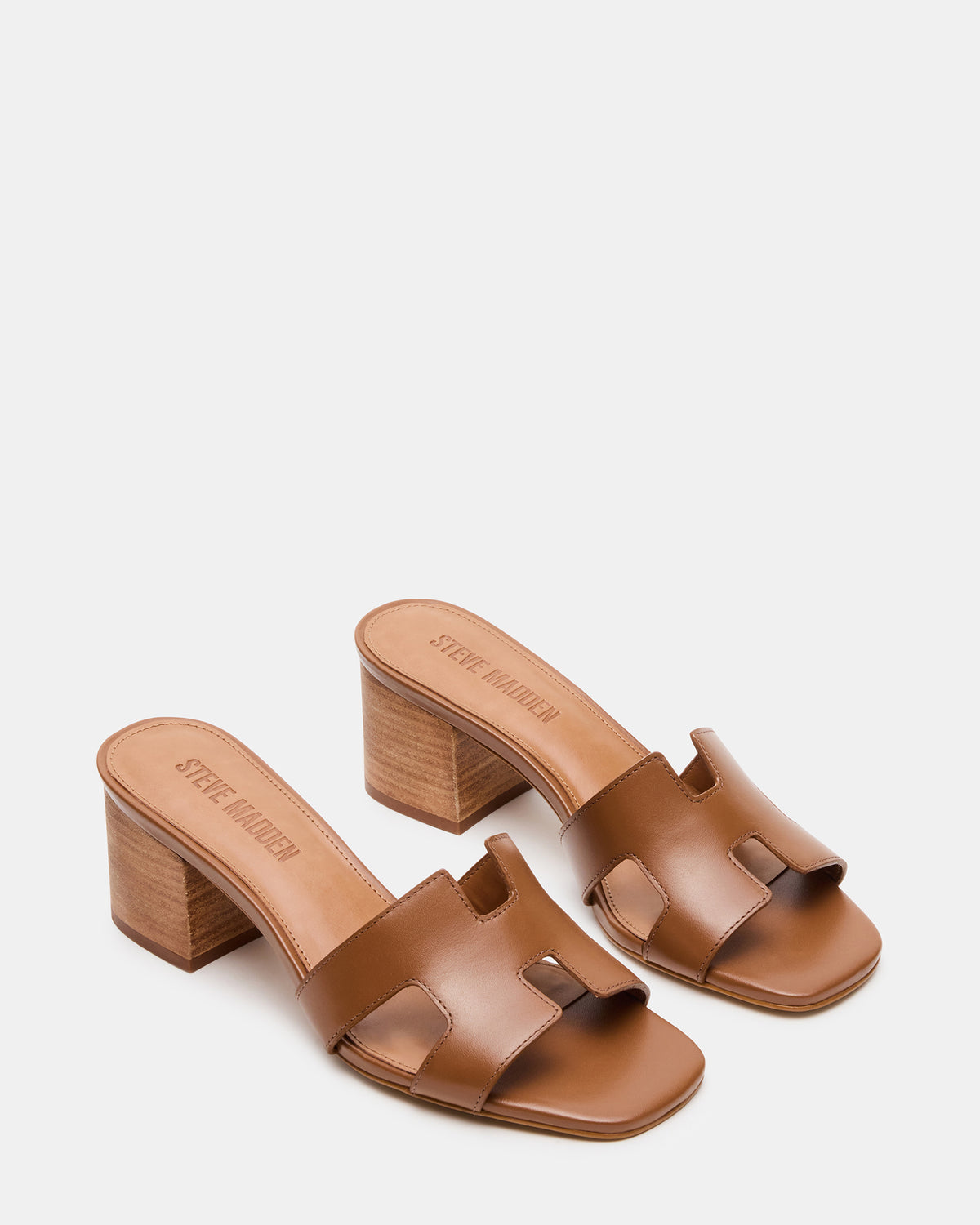 HANA Cognac Leather Square-Toe Mule Block Heel Women's Sandal | Steve Madden Essential