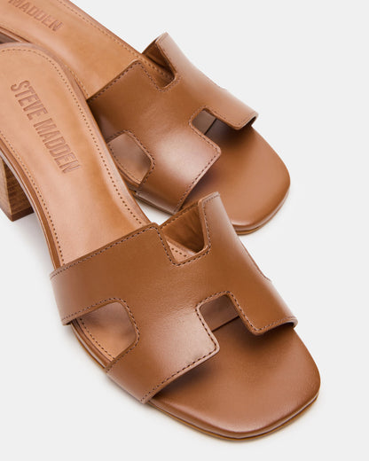 HANA Cognac Leather Square-Toe Mule Block Heel Women's Sandal | Steve Madden Essential