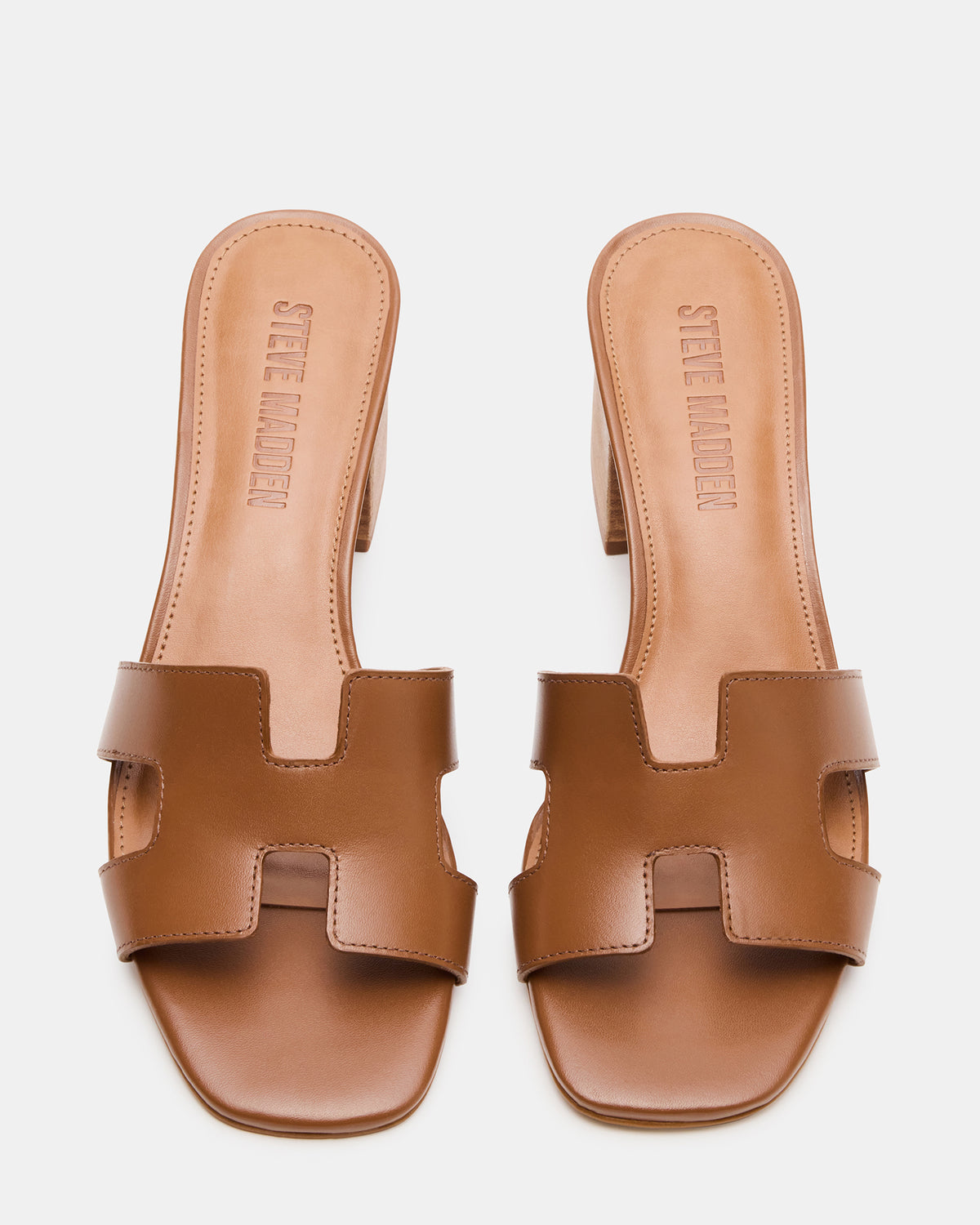 HANA Cognac Leather Square-Toe Mule Block Heel Women's Sandal | Steve Madden Essential