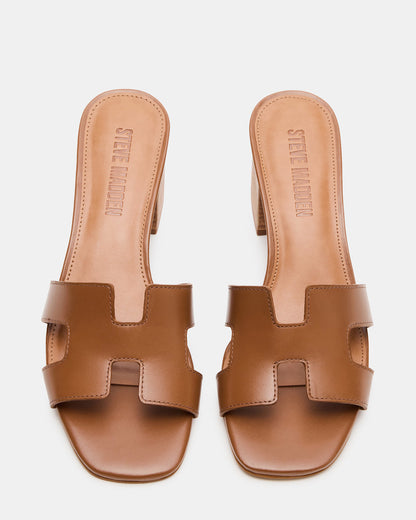 HANA Cognac Leather Square-Toe Mule Block Heel Women's Sandal | Steve Madden Essential