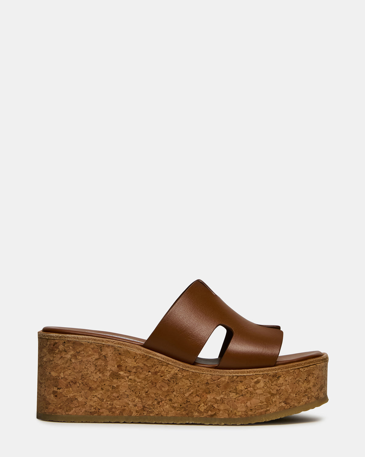 HARMONY Cognac Leather Wedge Mule Cork Platform Women's Sandal | Steve Madden Essential