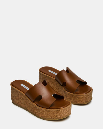HARMONY Cognac Leather Wedge Mule Cork Platform Women's Sandal | Steve Madden Essential