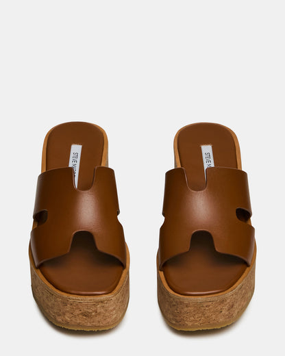 HARMONY Cognac Leather Wedge Mule Cork Platform Women's Sandal | Steve Madden Essential