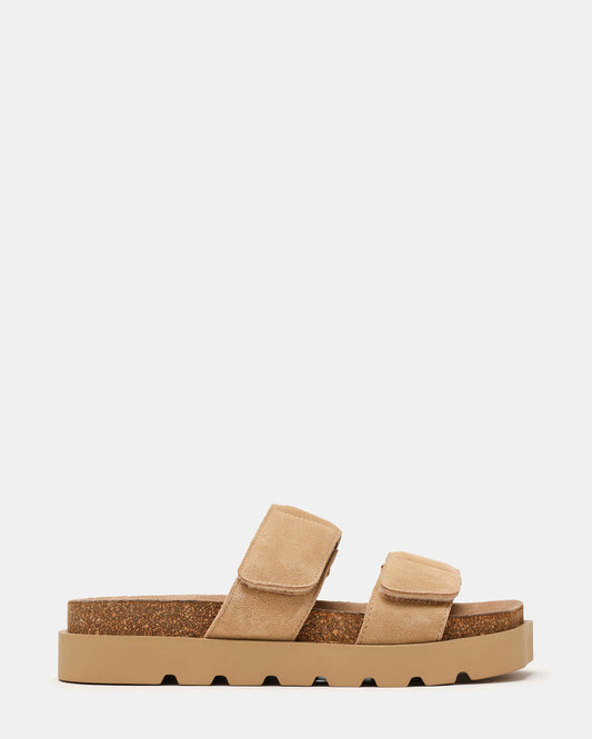 LUTHER Taupe Suede Velcro Strap Slip-On Square-Toe Women's Sandals | Steve Madden Discount