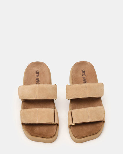 LUTHER Taupe Suede Velcro Strap Slip-On Square-Toe Women's Sandals | Steve Madden Discount
