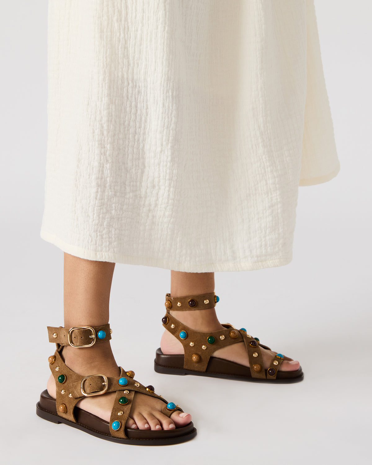 LINEAR Taupe Suede Strappy Footbed Studded Women's Sandal | Steve Madden Latest