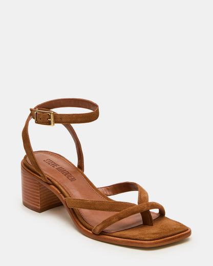TILLY Chestnut Suede Square-Toe Block Heel Strappy Women's Sandal | Steve Madden Deals