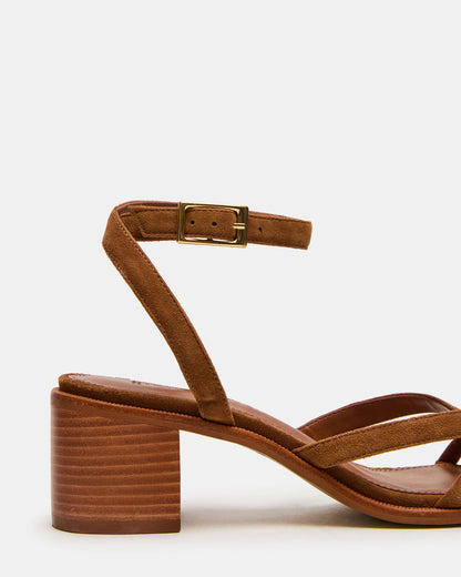 TILLY Chestnut Suede Square-Toe Block Heel Strappy Women's Sandal | Steve Madden Deals