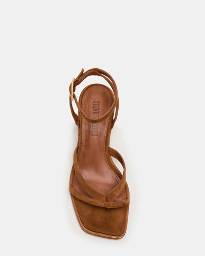 TILLY Chestnut Suede Square-Toe Block Heel Strappy Women's Sandal | Steve Madden Deals