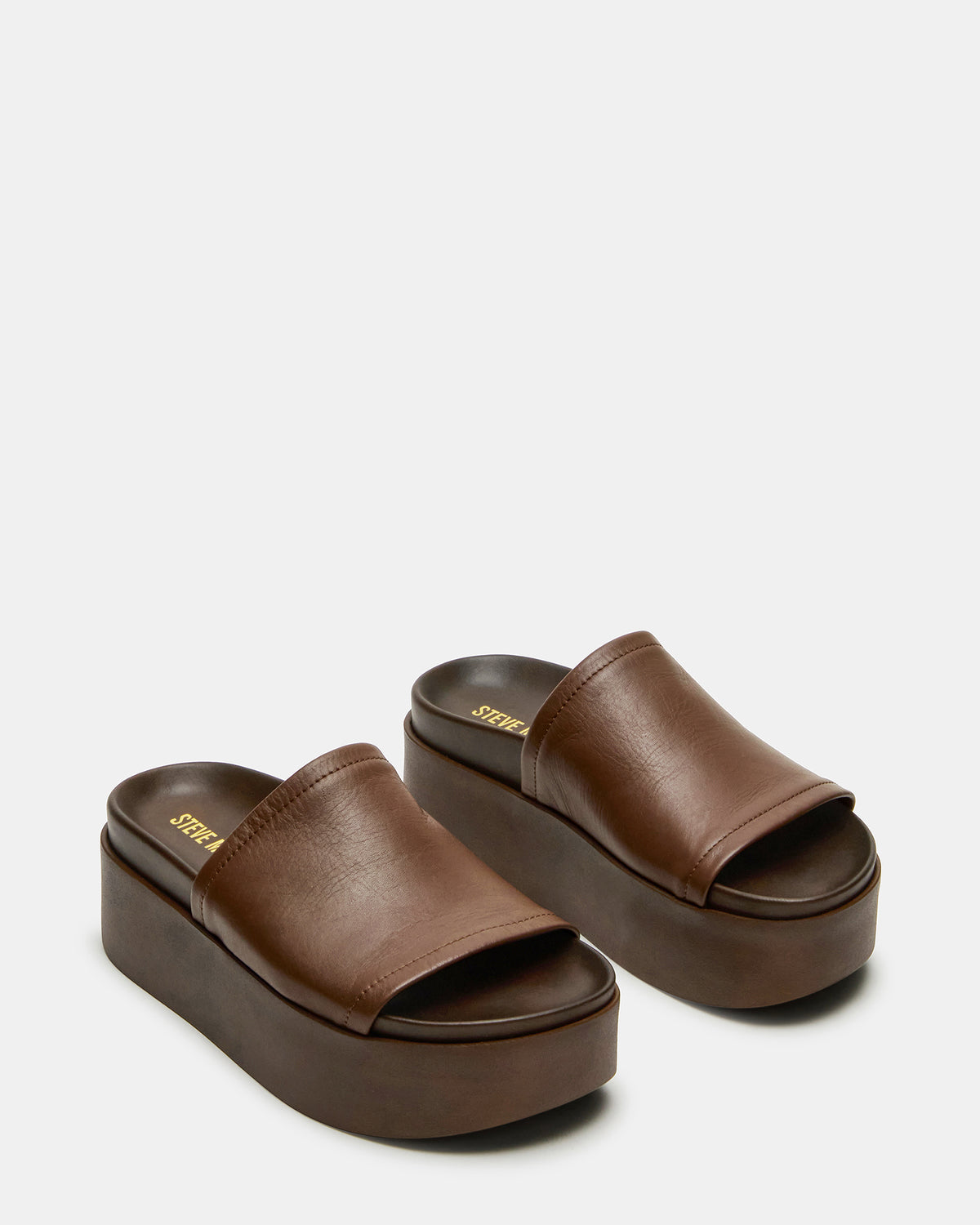 ARWEN Brown Leather Women's Platform Footbed Slide Chunky Sandal | Steve Madden Quality