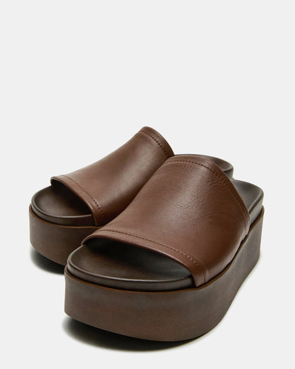 ARWEN Brown Leather Women's Platform Footbed Slide Chunky Sandal | Steve Madden Quality