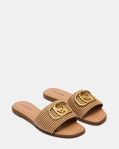 KORA Natural Raffia Gold Detail Slide Women's Sandal | Steve Madden Quality