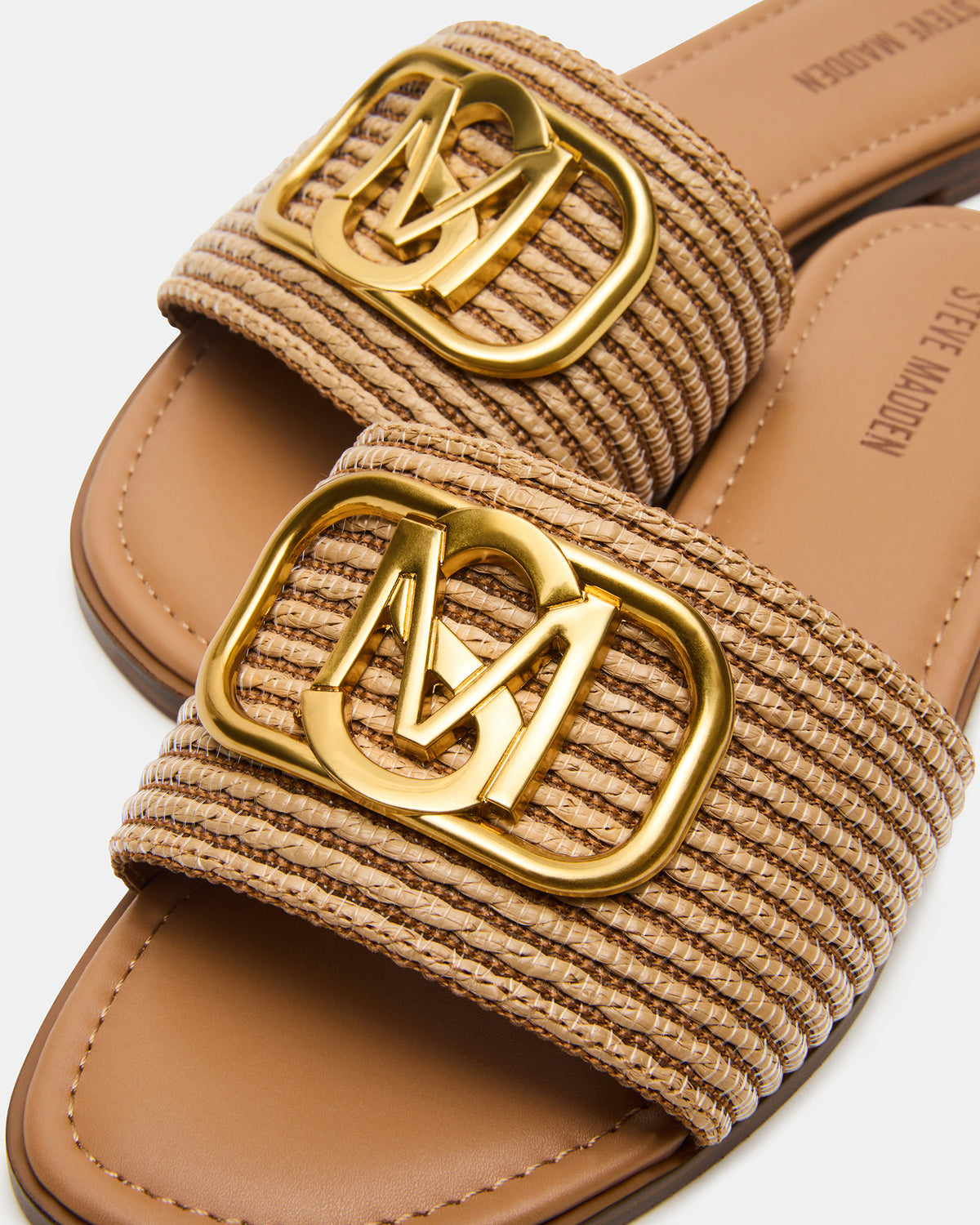 KORA Natural Raffia Gold Detail Slide Women's Sandal | Steve Madden Quality