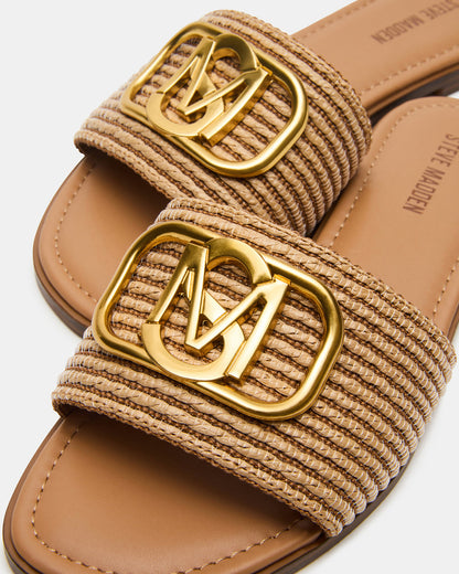 KORA Natural Raffia Gold Detail Slide Women's Sandal | Steve Madden Quality