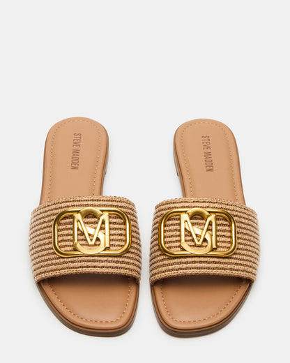 KORA Natural Raffia Gold Detail Slide Women's Sandal | Steve Madden Quality