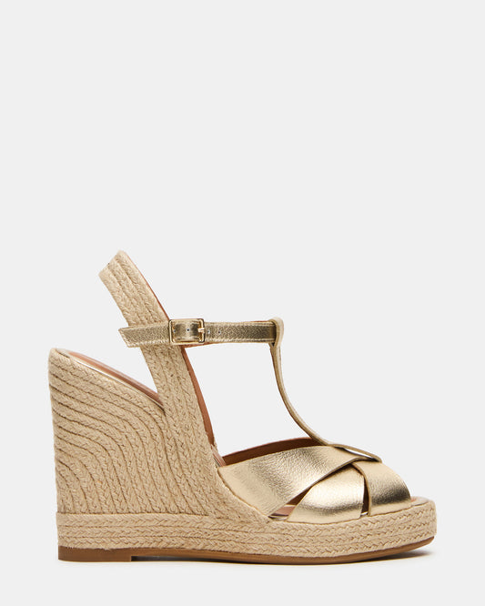 THELMA Gold Leather Espadrille Wedge Ankle Strap Women's Sandal | Steve Madden Featured