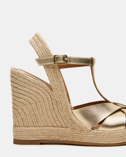 THELMA Gold Leather Espadrille Wedge Ankle Strap Women's Sandal | Steve Madden Featured