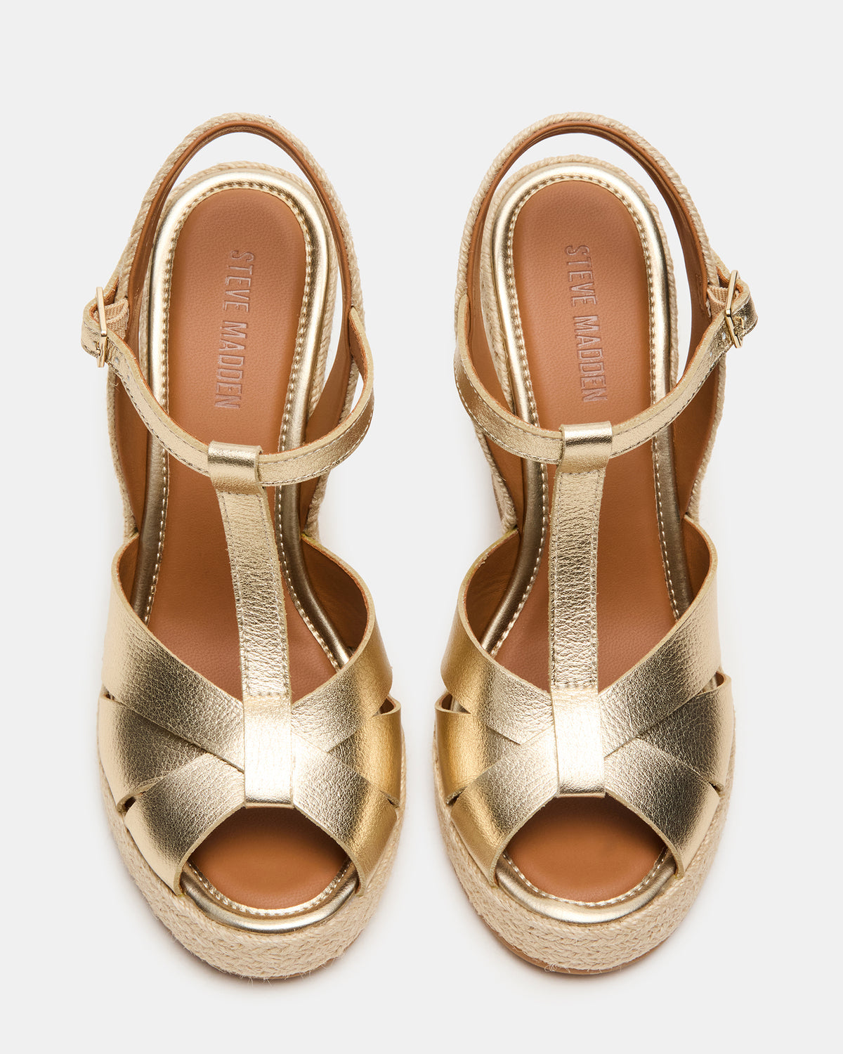 THELMA Gold Leather Espadrille Wedge Ankle Strap Women's Sandal | Steve Madden Featured